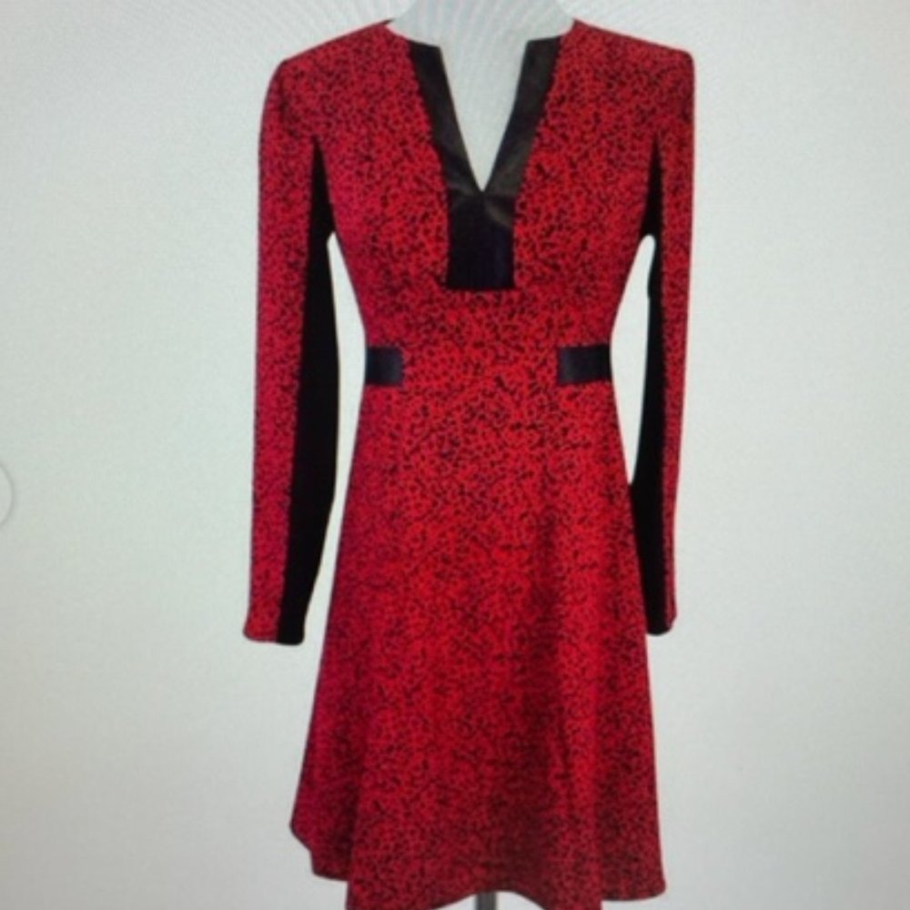 Nanette Lepore - Red & Black Leopard Print Silk & Leather Dress